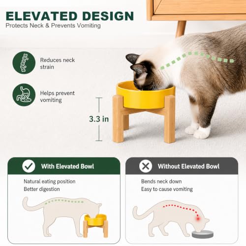 Ceramic Slow Feeder Dog Bowls with Raised Stand, 0.9 Cups Elevated Slow Feeding Bowl for Small Dogs and Cats, Non-Slip Pet Food Dish Helps Reduce Gulping and Bloating - color: Yellow, size: 5.1 inch