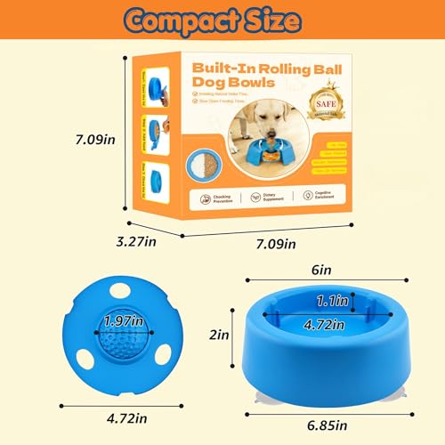 Dog Slow Feeder Lick Bowl with Rolling Ball, 6.7oz Suction Cup Bowl