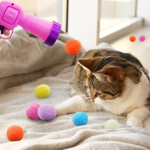 Andiker Cat Toy Balls Set, 30pcs Plush Cat Pom Pom Balls&a Plastic Launcher Set for Kitten Catch&Fetch Interactive Cat Toy with Colorful&Soft Cat Balls for Indoor Cats to Keep Fit (Pink 30pcs) - style: Pink 30pcs
