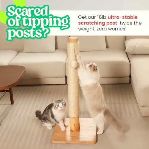 35" Solid Wood Cat Scratching Post, Stop Replacing Cheap Post