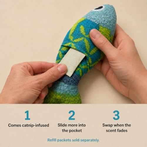 Refillable Catnip Toys for Cats, 9.5 in Crinkle Kicker Fish