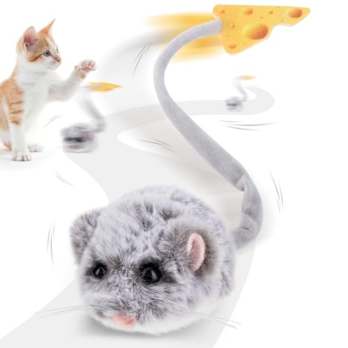 Migipaws Interactive MigiMouse Cat Toy 360° Rolling & Spin with Wiggling Tail for Indoor Cats Smart Motion Sensor, Realistic Squeak, Rechargeable Plush Kitten Toy(Grey Long)