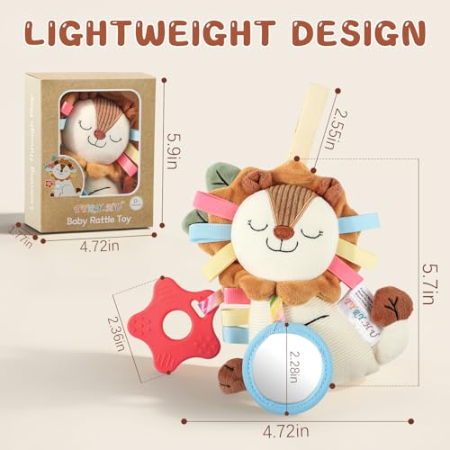 TYRY.HU Car Seat & Stroller Activity Toy,Soft Plush Cot Hanging Toy, Baby Rattle Toy with Strap,Developmental Sensory Toy-Textured Ribbons&Teether&Mirror&Crinkle Sounds for Infants 0 3 6 12 Months - color: B: Lion Stroller Toy
