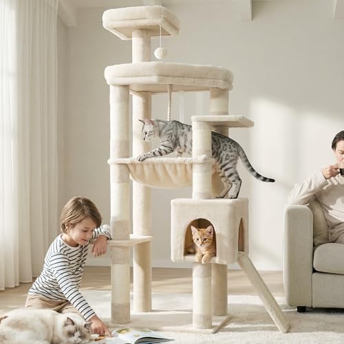 Heybly 64.2" Heavy-Duty Cat Tree for Large Cats with Wide Base HCT027M - color: Beige, size: 64.2 inch