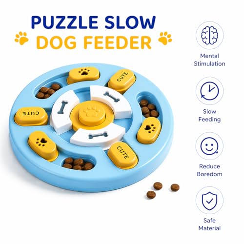 Interactive Dog Puzzle Toy Slow Feeder – Dog Enrichment Toys for Mental Stimulation, Anti-Slip Food Puzzle Bowl, Slow Eating Feeder for Puppies & Dogs, Boredom Relief Pet Toy (Blue and Yellow)