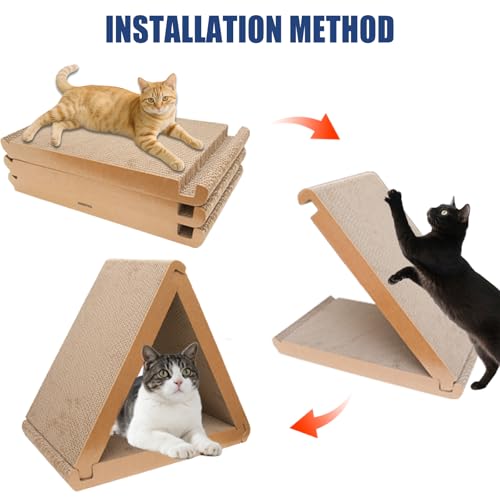 3 Pack Cardboard Cat Scratcher & Scratch Pad, Buildable Triangle Cat House w/ 6-Sided Use, Furniture Protection for Indoor Cats