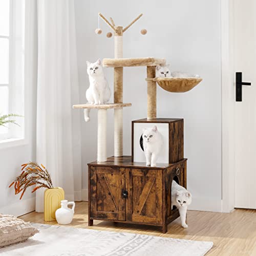 HOOBRO Cat Tree with Litter Box Enclosure for Indoor, Wooden Cat Condo with Scratching Posts, Hidden Litter Box Furniture, All-in-One Cat House, Rustic Brown FG15MZ03 - color: Rustic Brown