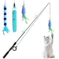 Pawaboo Cat Teaser Wand Toys, Cat Fishing Pole Toy with 3 PCS Feathers - color: Plush-Blue