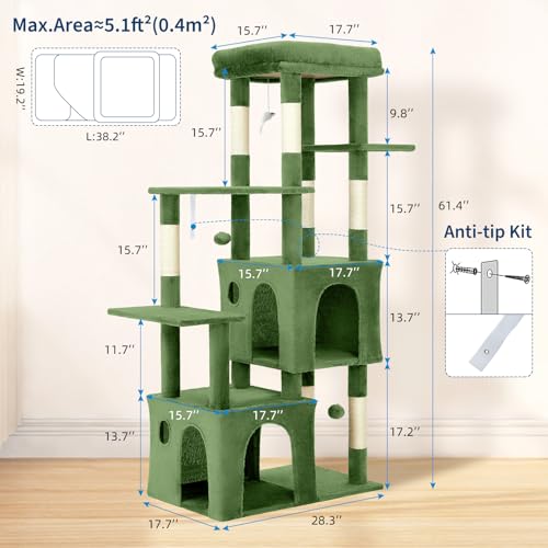 OUTLANE 60-Inch Multi-Level Large Cat Tree, Heavy Duty Cat Tower for Indoor Large Cats Adventure, Stable Furniture with Extra-Wide Top Perch, 2 Hideaway Condos, 7 Natural Sisal Scratching Posts and to - color: Green