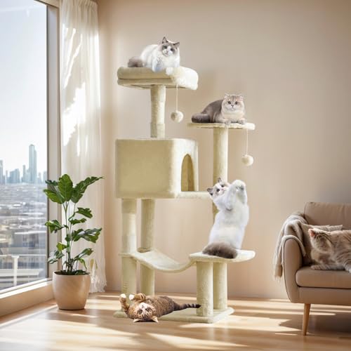 DUMOS Small 44 Inch Cat Tree Tower with Natural Sisal Scratching Posts - color: Beige, size: 43.6"×13.7"×17.7"