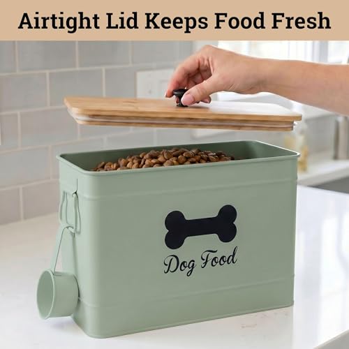 Metal Dog Food Container 15-20 lbs w/ Airtight Bamboo Lid, 70 Cup Capacity - color: Sage Green: Bone