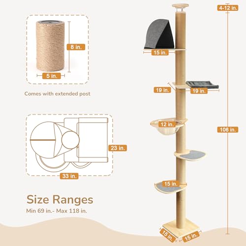 FUKUMARU Floor to Ceiling Cat Tree, 6-10 ft, 6 Level, Grey - color: Grey