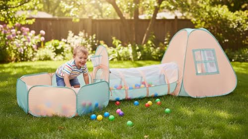 UTEX 3 in 1 Pop Up Play Tent with Ball Pit, Indoor/Outdoor Playhouse - color: Pink/ Green & Ball Pit