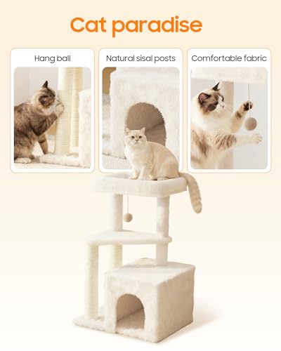 Cat Tree Tower for Indoor Cats, 33 Inches Multi-Level Cat Condo with Scratching Posts, Large Perch, Hanging Toy for Large Adult Cats, Beige - color: Beige