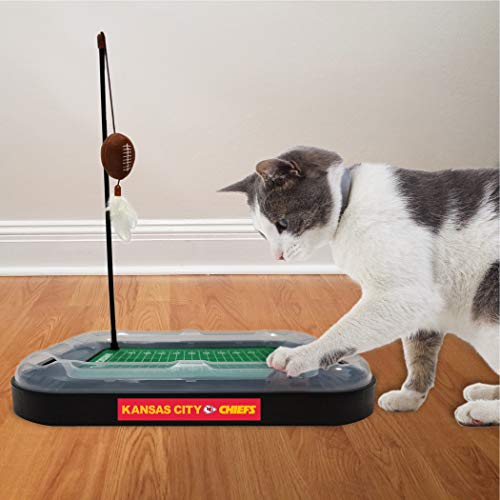 Pets First Cat Plush Toy KANSAS CITY CHIEFS FOOTBALL FIELD CAT SCRATCHER TOY with CATNIP Filled Plush FOOTBALL Toy & Feather Cat Toy hanging, Jingle Bell INTERACTIVE BALL Cat Chasing 5-in-1 KITTY Toy - color: Kansas City Chiefs, size: One Size