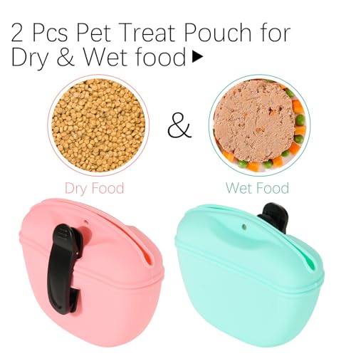 Cosmos 2 Pcs Pet Treat Bag Dog Training Pouch Silicone Portable Pet Training Container Dog Treat Holder with Buckle Closure and Waist Clip Dog Treat Pouches for Pet Training (Pink & Cyan) - color: Pink & Cyan