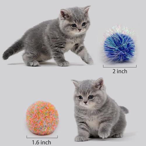 14-Pack Cat Toys Balls - No Bells Quiet Interactive Toys, Soft Pom Poms & Sparkle Balls for Kittens & Adult Cats, Safe for Batting Chasing (7 Sparkle Fuzzy Balls+ 7 Yarn Balls)