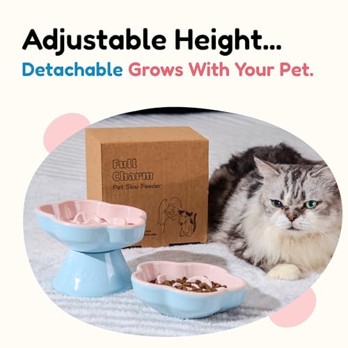 Detachable Slow Feeder Cat Bowl, Melamine Elevated Cat Bowls - Heavy Weighted, Tilted Raised Slow Feeder, Non-Slip Small Dogs Slow Feeders Bowl, Dry & Wet Food, Whisker Friendly(Pink, 5.8" - color: Pink, size: 5.8"
