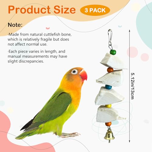 3 Pack Bird Chewing Toy Cuttlebone Parrot Toy with Bell - size: 4 Blocky