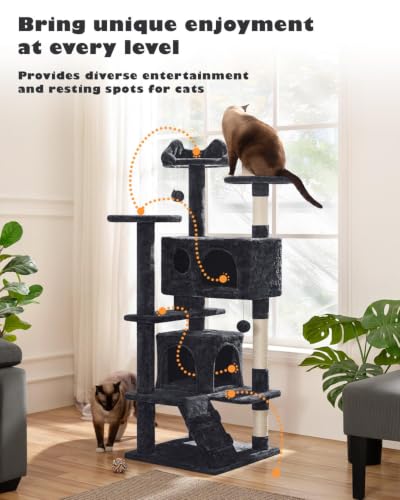 Yaheetech 54in Cat Tree Tower, 2 Caves, Kitten-Ear Perch & Scratching Posts - color: Black, size: 54in