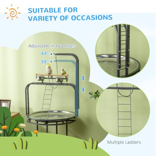 PawHut Parrot Stand Large Bird Perch Stand with Toy Hook & 3 Ladders, Parrot Perch with Easy Grip, Bird Wooden Stand, Gray