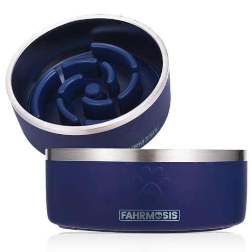 FAHRMOSIS 32 Oz Dog Bowl with Slow Feeder Insert Stainless Steel Pet Water Bowl for Medium & Large Breed Non Slip Rubber Base & Plastic Puzzle Feeder - Navy Blue - color: Navy Blue, size: 32 OZ