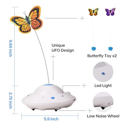 Pet Prime Self Moving Cat Toy for Indoor Cats, Electronic Cat Butterfly Interactive Automatic Rechargeable Toy for Kitten Chasing with LED Light