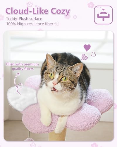 MUTTROS Flower Cat Scratching Post, 28" Cute Cat Tree Tower for Indoor Cats with Large Hammock Soft Perch Bed, Replaceable Toy Ball for Kittens, Purple - color: Purple