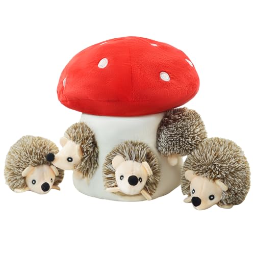 Hide and Seek Dog Toys, Mushroom Crinkle Paper Hideaway with 5 Pack Squeaky Hedgehogs Interactive Plush Puzzle Puppy Chew Toy to Keep Them Busy for Small Medium Large Dogs - color: Mushroom Hideout with 5 Hedgehog Brown