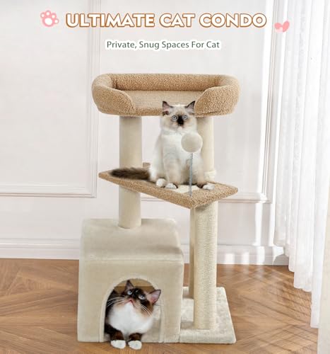 Made4Pets Cat Tree, Carpet Cat Tower Grey for Indoors Cats, Cute Wood Kitty Condo with Scratching Post and Pad, 29" Multi-Level Modern Activity Climbing Furniture for Small and Medium Cats - color: Buff Yellow