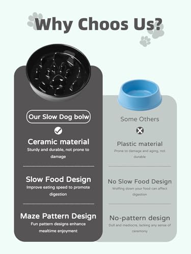 Ceramic 1.5 Cup for Small & Medium Breeds Slow Feeder Dog Bowl (Black) - color: Black