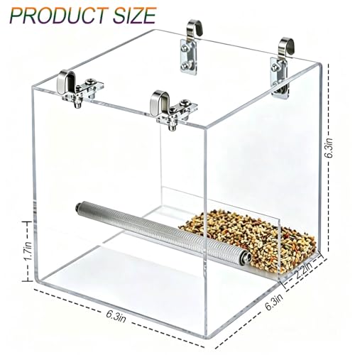 Hanging No Mess Bird Feeder for Cage, Transparent Acrylic Bird Feeder Cage - size: 6.3"L x 6.3"W x 6.3"H