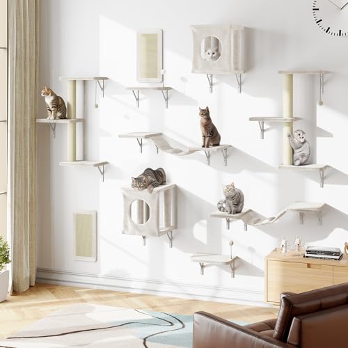 10 Pcs Cat Wall Shelves for Large Cats, Floating Climber with Scratcher - color: Beige, size: 10Pcs