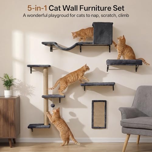MEWANG Cat Wall Shelves, 5-in-1 Cat Wall Furniture Set, Grey - color: grey