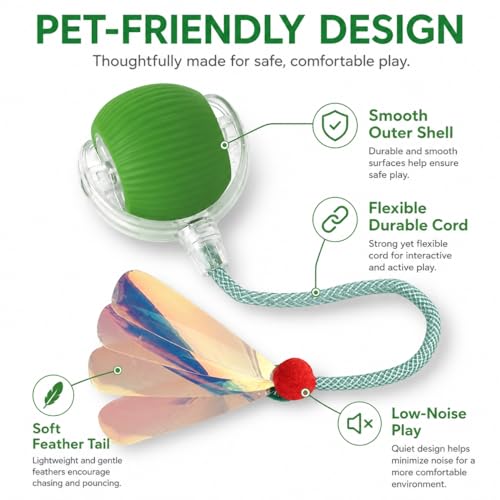 Interactive Cat Toy Ball with LED Lights – USB-C Rechargeable Automatic Cat Toy with Feather Tail for Indoor Cats & Kittens, Upgraded Version - color: Green ball