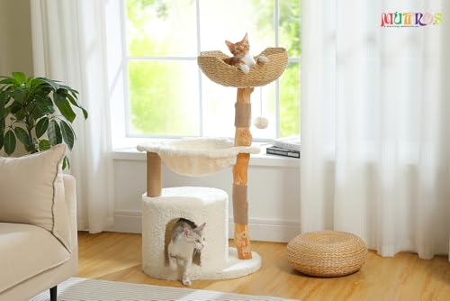 MUTTROS Modern Cat Tree for Large Cats, Wood Cat Tower for Indoor Cats, Real Branch Luxury Cat Furniture with Super Large Cozy Condo and Hammock & Scratching Post, Top Basket, White - color: Cloud White, size: 40"
