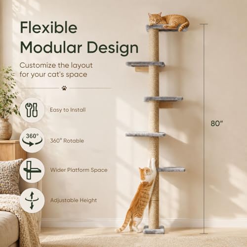 80-Inch Wall-Mounted Cat Tree with Scratching Post & 5 Perches