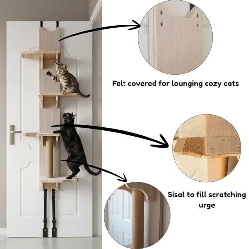 Over the Door Cat Tree Climber | Hanging Cat Wall Shelf with Felt Perches & Sisal Scratching Post | No Drill Cat Climbing Shelves & Window Perch for Cats Inside