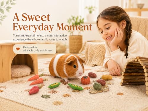 HERCOCCI 15Pcs Guinea Pig Chew Toys, Hamster Toys Prevent Excessive Teeth Growth Natural Vegetables Carrot & Timothy Grass for Guinea Pig Rabbit Chinchillas Gerbil