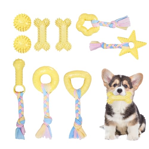 Puppy Toys, Puppy Teething Toys, 9 Pack Soft Durable Rubber Interactive Pink Puppy Chew Toys for Teething to Soothe Gums and Keep Busy, Cute Puppy Essentials (Yellow) - color: Yellow 9-piece set