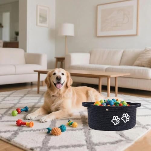 Small Woven Cotton Rope Nursery Organizer Bins, Dog Toy Basket Bins with Handle, Cute Empty Pet Gift Storage Baskets with Paw - color: Black