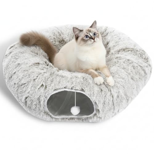 AUOON Plush Cat Tunnel Bed for Indoor Cats, 36" L x 36" W x 11.5" H, Khaki - color: Khaki