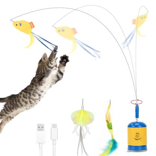 Migipaws Interactive Automatic Cat Teaser Wand Toy with Strong Suction Cup, 70cm Flexible Wire & DIY Bending Design, Rechargeable Cat Exercise Toy with Auto Timer for Indoor Cats (Blue) - style: Blue