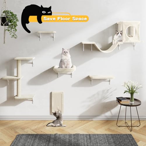 Cat Wall Shelves, 6 Pcs Luxury Wall-Mounted Cat Climber Shelves, Beige - color: Beige, size: Set of 6