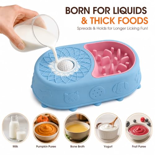 Slow Feeder Dog Bowl with Lick Mat, 2 in 1 Silicone Feeding Bowl - color: blue + pink