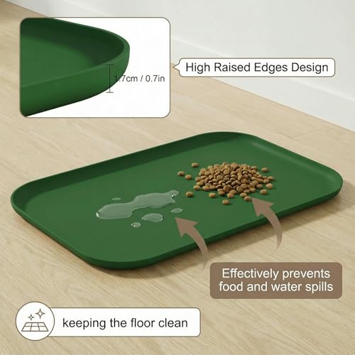 BLESWIN Non-Slip Silicone Dog Food Mat for Food and Water, 18" x 12" Raised Edge Pet Feeding Mat - Waterproof Dog Bowl Mat Easy Clean for Floor Protector,Dark Green - color: Dark Green, size: 45 x 30 cm
