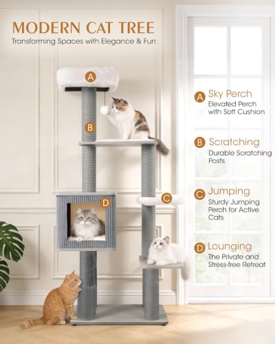 60" Heavy Duty Cat Tree, Tall Cat Tower for Large Cats, Grey