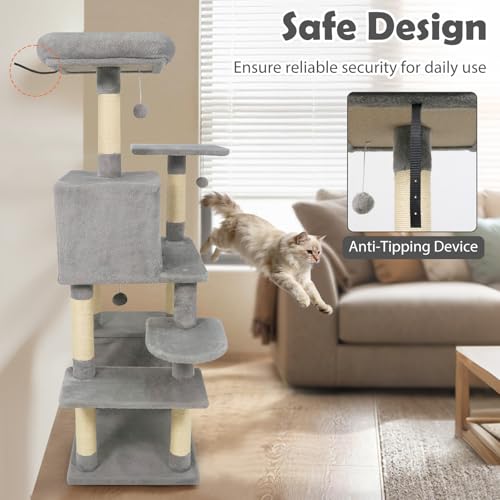 Tangkula 58 Inch Cat Tree Tower, Multi-Level Cat Tower with Sisal Scratching Posts, Padded Top Perch, Condo & Hammock, 3 Hanging Balls, Jumping Platforms for Indoor Cats (Light Gray) - color: Light Gray