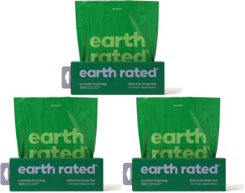 Earth Rated Dog Poop Bags, Thick Grab and Go Single Roll, Ideal for Backyard Pickups, Lavender Scented, 900 Count (3 x 300 count) - size: 300 Bags (Pack of 3), style: Lavender