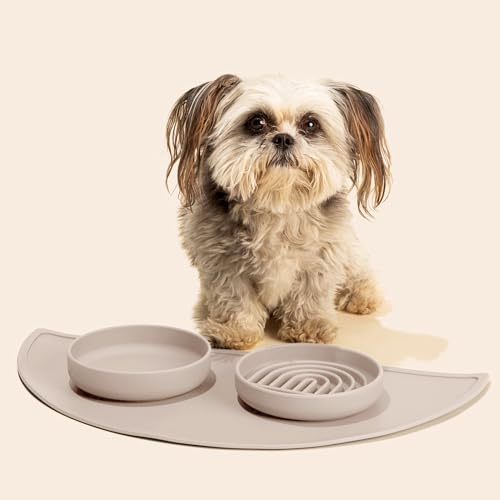 Slow Feeder Dog Bowl - Silicone Dog Bowl, Small, 6" x 1.25" - Tan - color: Tan - Rainbow Design, size: Small (6” Across x 1.25” Tall)